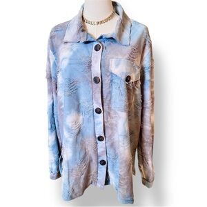 HAILEY & CO. Tie Dye Frayed Grey & Blue Women's Button Down Shirt